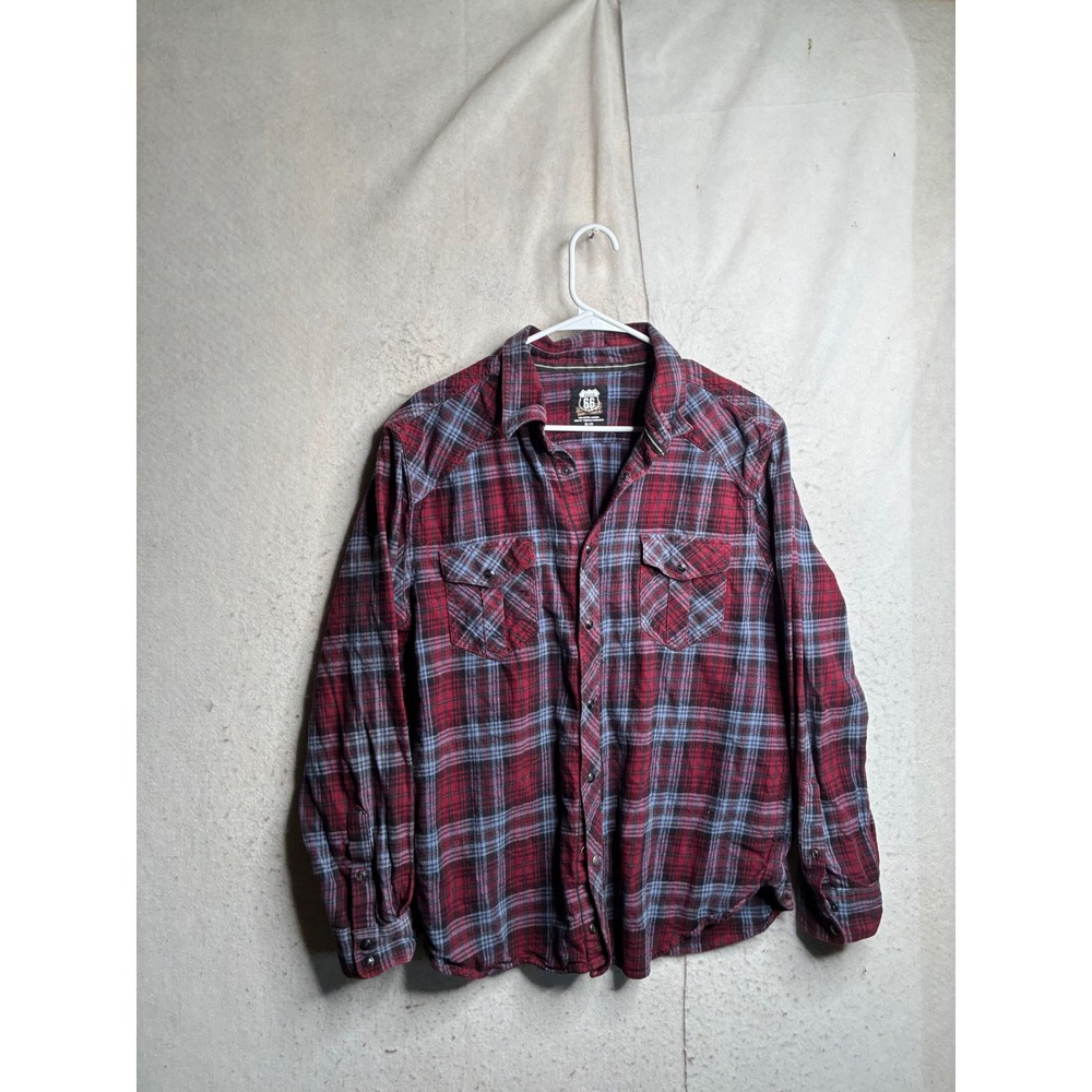 Route 66 Mens XL Red Blue Plaid Flannel Long Sleeve Western Snap Button Shirt